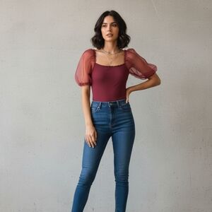 Astr Chic Burgundy Puff Sleeve Bodysuit